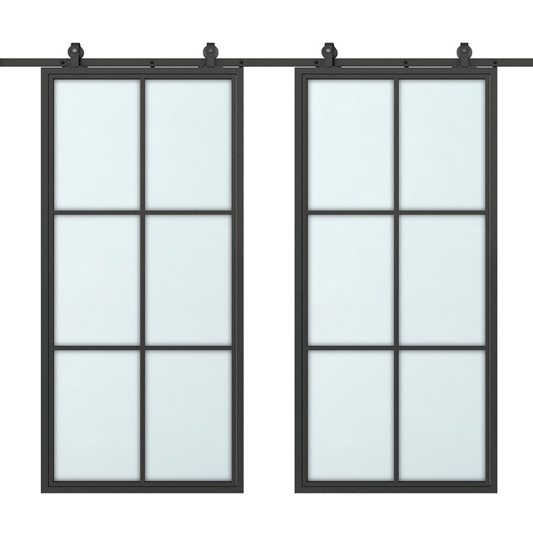 Calhome Glass Metal Frosted Barn Door with Installation Hardware Kit